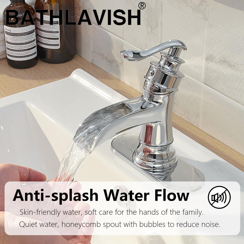 BATHLAVISH Polished Chrome Waterfall Bathroom Faucet, Single Handle Bathroom Sink Faucet 1 Hole or 3 Hole, Vanity Sink Faucet for Vintage Antique Lavatory Washroom with Pop Up Drain, Deck, 2 Hoses - Image 2
